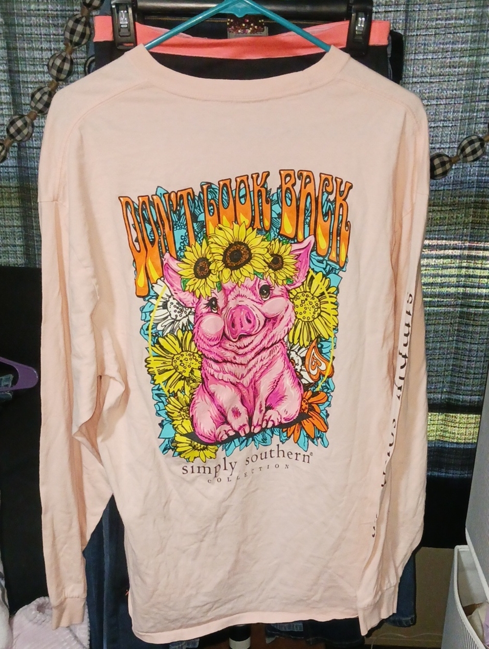 Simply Southern Light Pink Long-Sleeve Tee with Pink Pig and Sunflowers